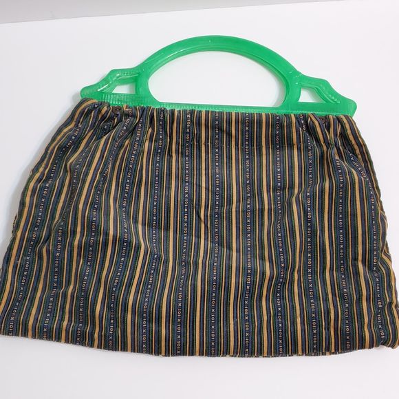 Vintage Handbags - Vintage Striped Handbag Green Acrylic Handle